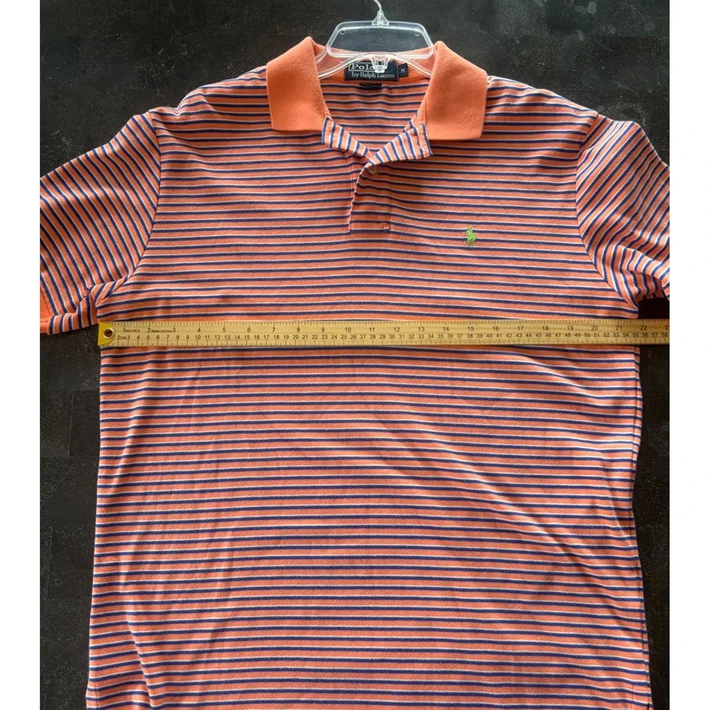 Polo Ralph Lauren Mens Medium Orange Navy Striped Short Sleeve Polo Shirt Cotton